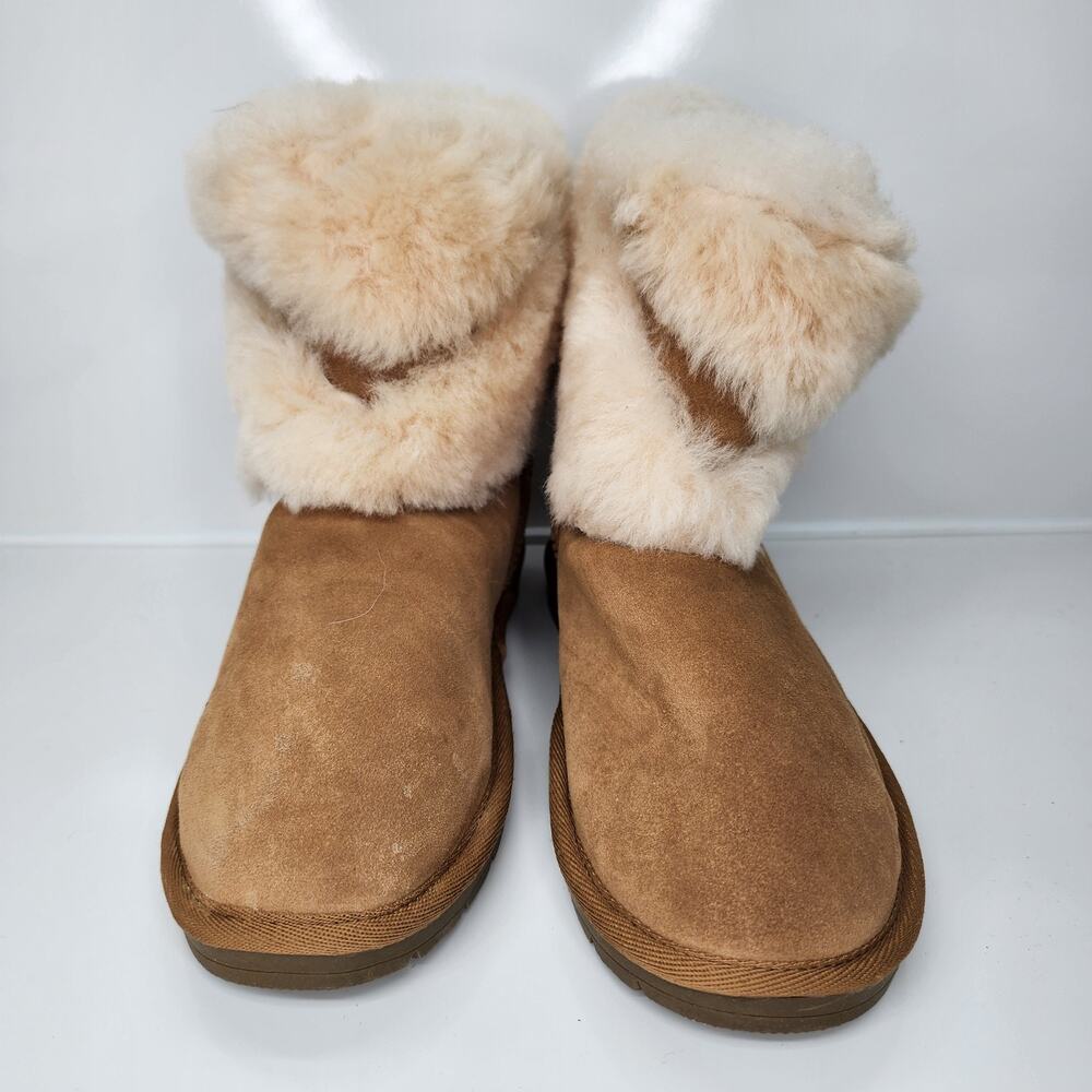 Women’s Snow Boots Tan Cow Suede Lamb Fur Lined Winter Size 8 Cozy Slip On Brown